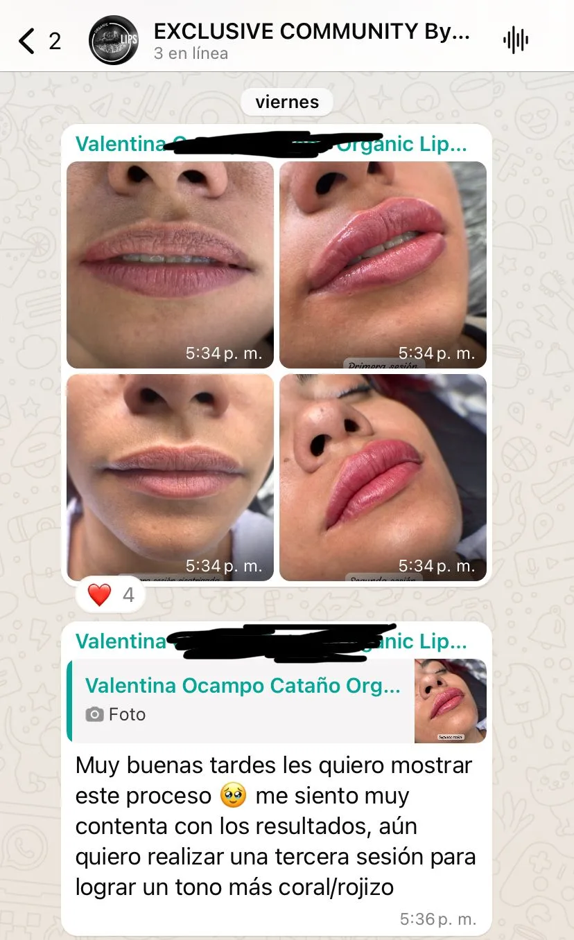 Testimonio de alumna del curso de micropigmentación de labios de Carolina Zarate: resultado y mensaje de WhatsApp (1)