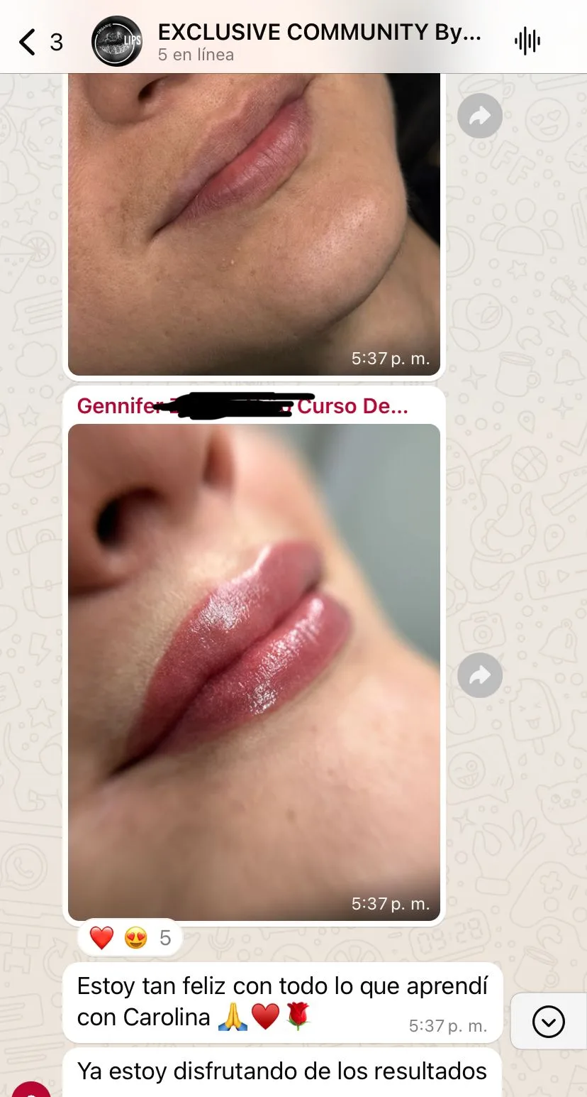 Testimonio de alumna del curso de micropigmentación de labios de Carolina Zarate: resultado y mensaje de WhatsApp (2)