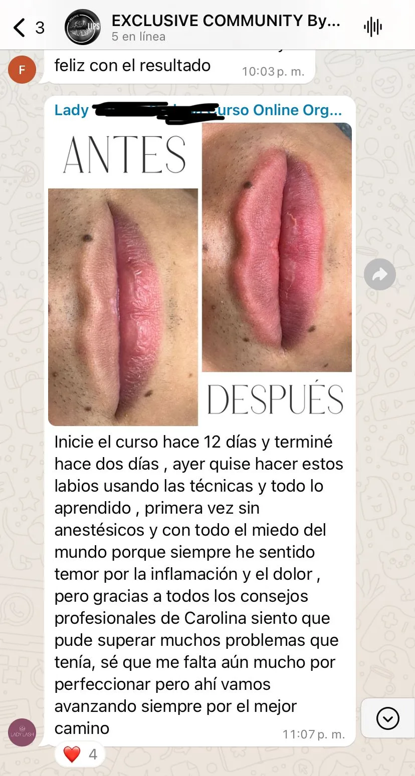 Testimonio de alumna del curso de micropigmentación de labios de Carolina Zarate: resultado y mensaje de WhatsApp (4)