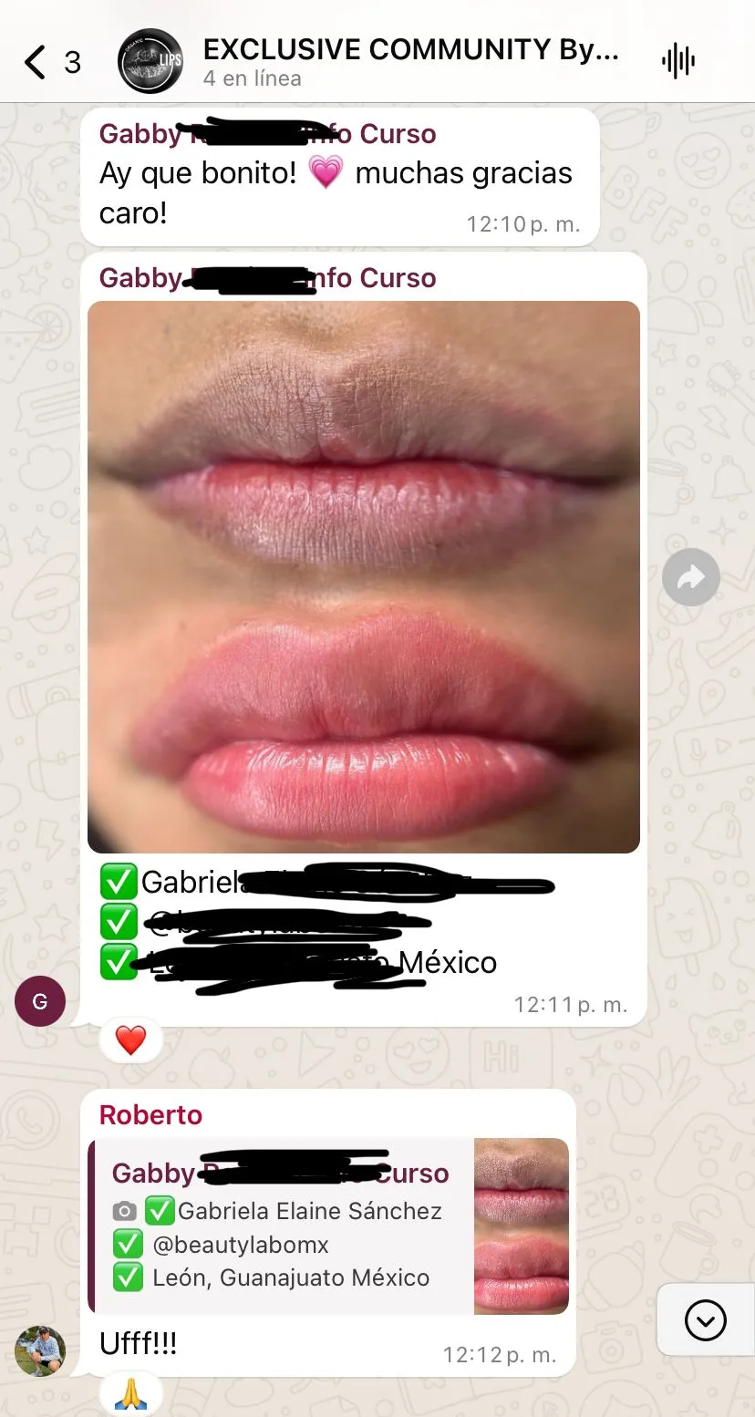 Testimonio de alumna del curso de micropigmentación de labios de Carolina Zarate: resultado y mensaje de WhatsApp (5)