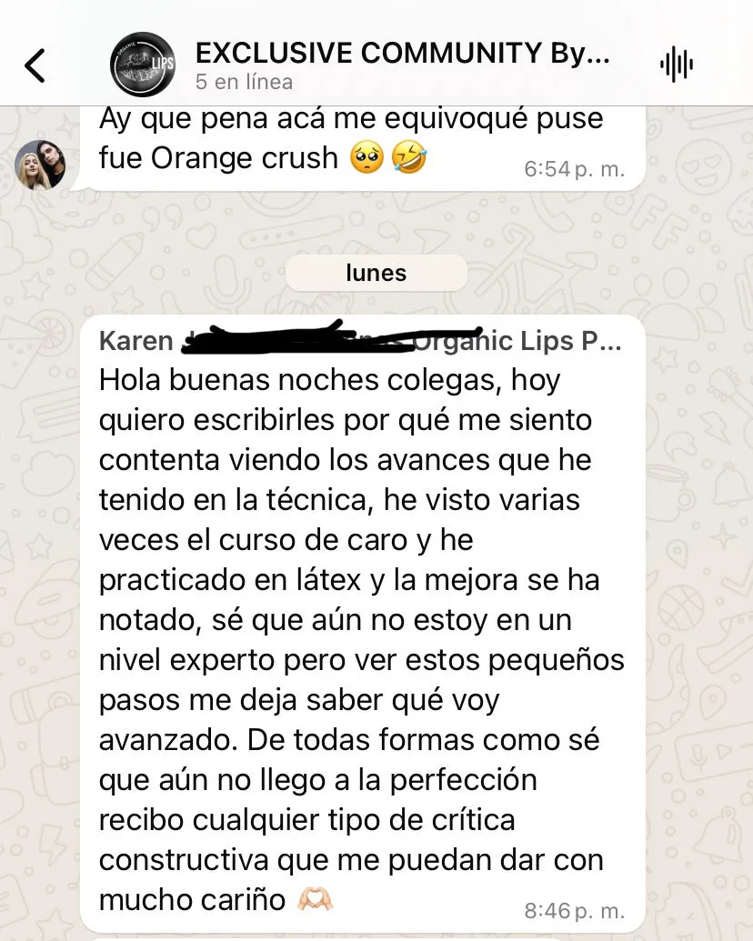 Testimonio de alumna del curso de micropigmentación de labios de Carolina Zarate: resultado y mensaje de WhatsApp (6)